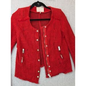 IRO Jacket Womens SZ1 Small Red Agnette Distressed Boucle Zipper Fringe Pocket